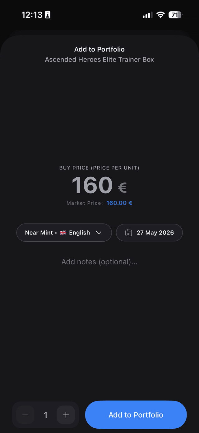 Add to portfolio form with price input